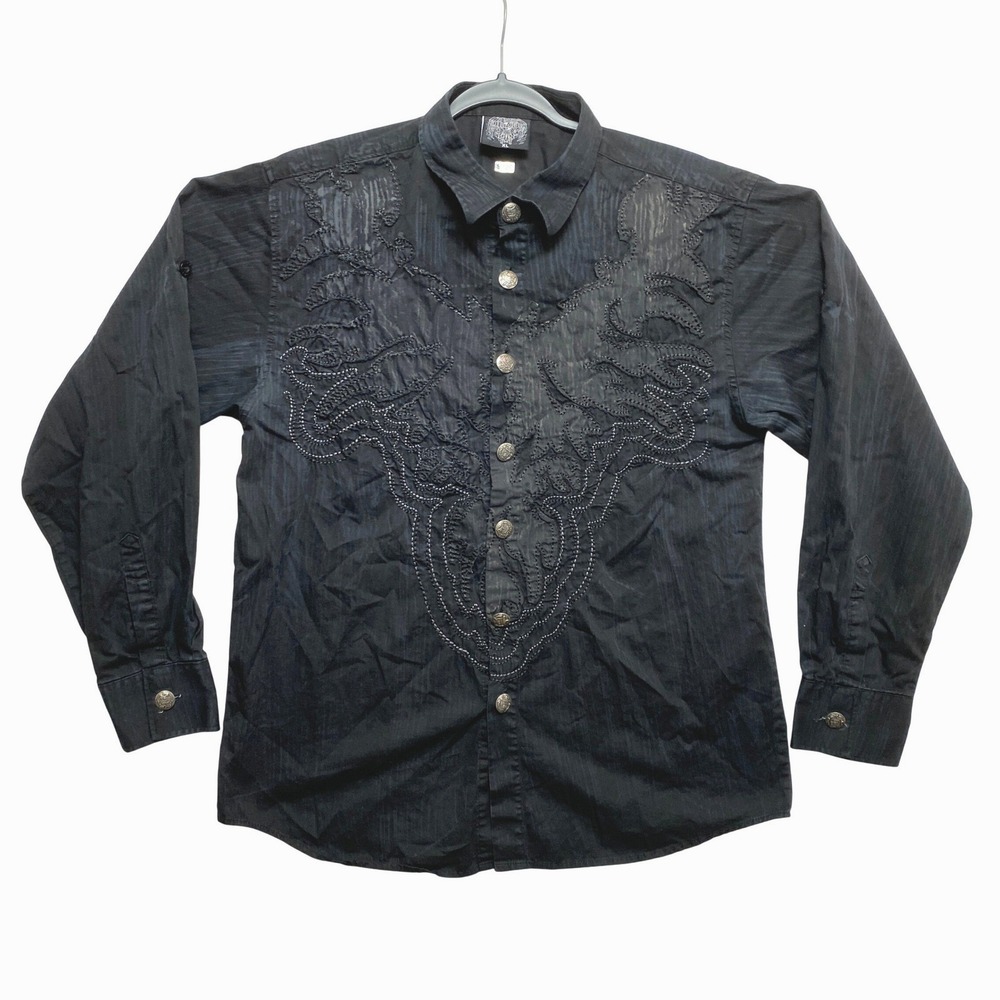 Hama Shirt Mens XL Black Long Sleeve Y2K Button Up Embroidered